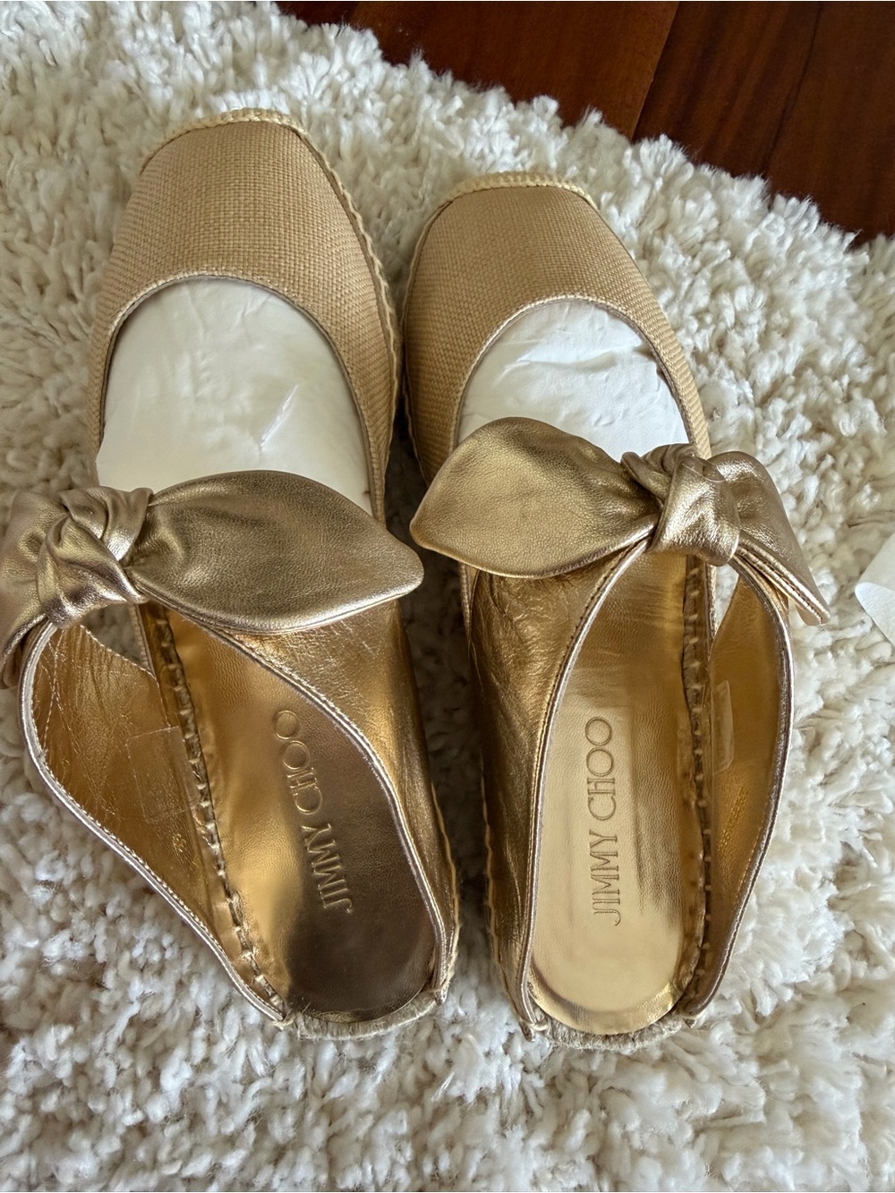 NEW WITH BOX Jimmy Choo Metallic Gold Bow Espadrille Slip-Ons Size 39/US 9 - Picture 2 of 16